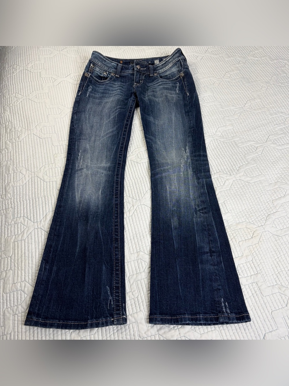 Miss Me Jeans 27 (29x30.5) Boot Cut Flap Pocket Rhinestones Wings Low Rise